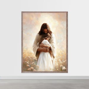 Jezus knuffelt meisje afdrukbare kunst, modern christelijk muurdecor, LDS-schilderij, bijbelkunst, Jezus Christus met kinderen