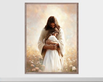 Lámina artística de Jesús abrazando a una niña: Decoración cristiana moderna (descarga digital)