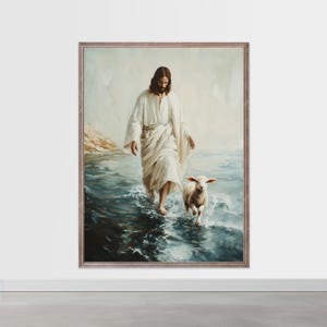 神の静けさ - 子羊とともに水の上を歩くイエス、現代のキリスト教の壁画、聖書に触発された絵画、忠実なデジタルダウンロード