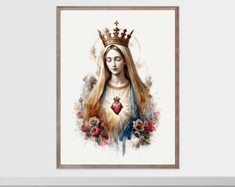 Arte en acuarela del Inmaculado Corazón de María: Decoración cristiana católica para el hogar (Descarga digital)
