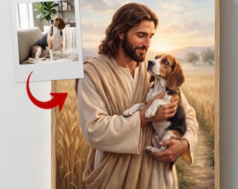 Retrato personalizado de Jesús sosteniendo a un perro / Arte conmemorativo cristiano personalizado para mascotas, recuerdo para quienes perdieron a su perro, descarga digital
