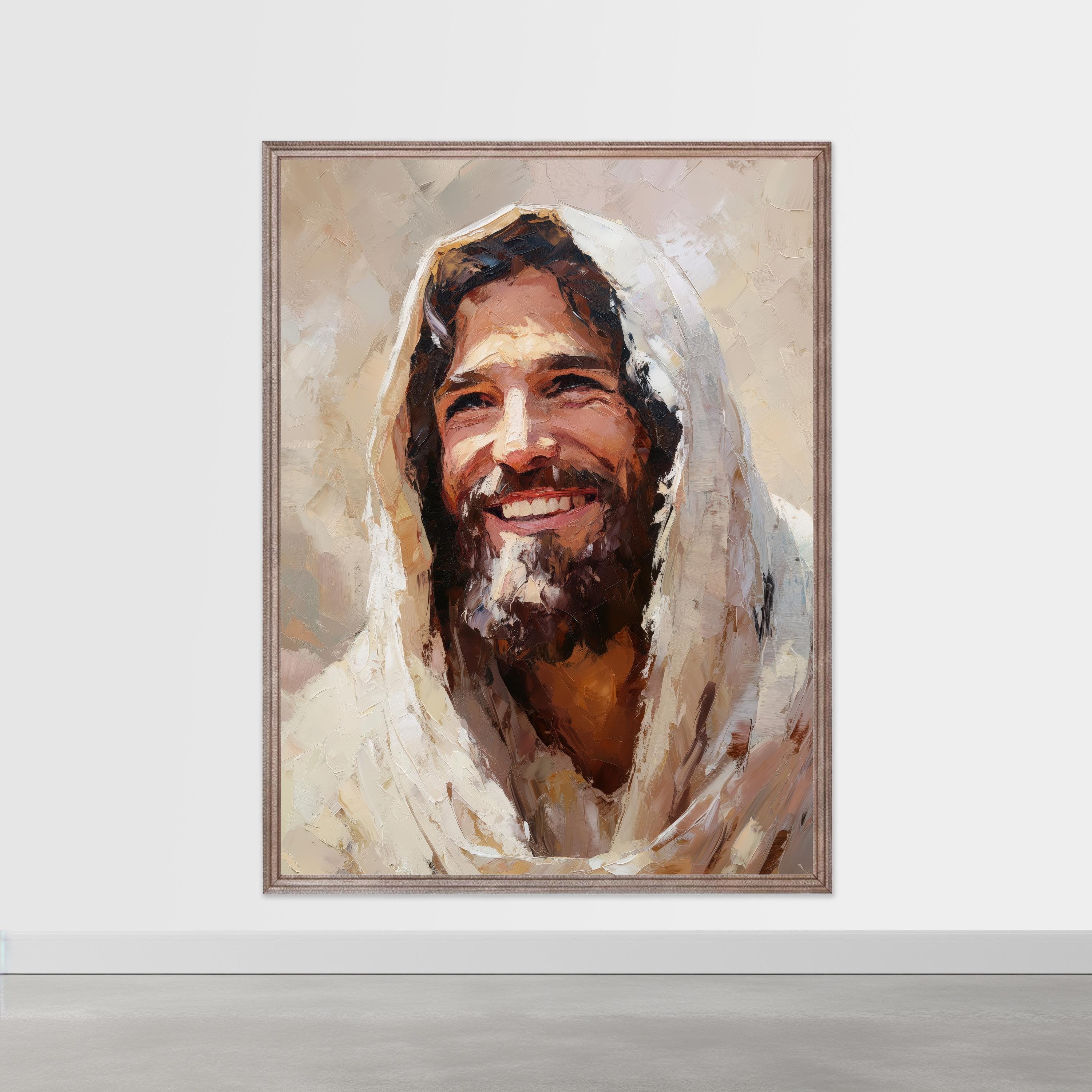 Freude des Retters - Lächelnde Jesus Porträt Kunst, Impasto Christlicher Wanddruck, Inspirational Religiöses Kunstwerk, Bibel Vers Printable