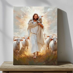 Good Shepherd - Jesus Rescues Lamb, Digital Christian Art, LDS Painting, Bible Prints, Jesus and Lambs