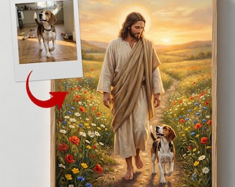 Retrato personalizado de Jesús caminando con su perro / Arte conmemorativo cristiano personalizado para mascotas, regalo en recuerdo de perros, descarga digital