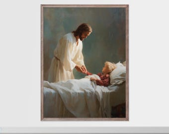 Toque sanador de Jesús – Arte mural cristiano imprimible, Jesús con un niño enfermo en la cama, obra de arte basada en la fe para el consuelo, la enfermedad y la oración.