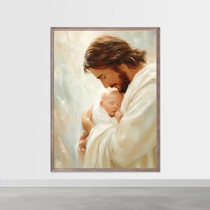 Held in His Hands – Jesus Holding Baby Art Printable, Christian Nursery Wall Decor, Faith-Based Baby Shower Gift, Spiritual Comfort Artwork