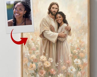 Retrato cristiano personalizado a partir de una foto / Arte mural con el abrazo de Jesús, regalo espiritual imprimible
