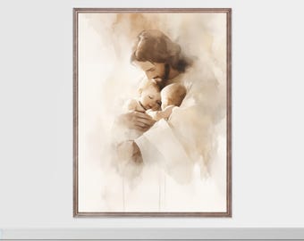 Impresión en acuarela de Jesús y sus bebés gemelos: Memorial de la pérdida infantil (Descarga digital)