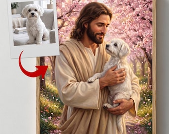 Retrato personalizado de Jesús con perro / Arte floral cristiano conmemorativo para mascotas, regalo en recuerdo de perros, descarga digital
