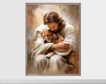 イエス様が犬を抱きしめるウォールアート – 印刷可能なペットロス追悼 