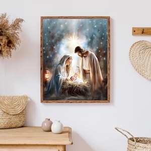 Birth of Jesus - Nativity Art, Holy Family Painting, Christmas Christian Wall Decor, Star of Bethlehem Artwork