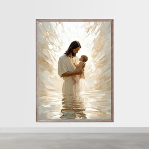 Baptisés par le Christ - Jésus et son bébé imprimables, décoration murale chrétienne moderne, peinture SDJ, gravures de la Bible, Jésus-Christ et enfants