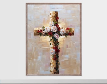 Arte de cruz floral: estilo cristiano de pintura al óleo (descarga digital)