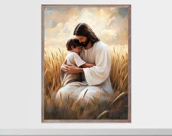 Lámina artística de Jesús y el niño: Decoración cristiana moderna para pared (descarga digital)