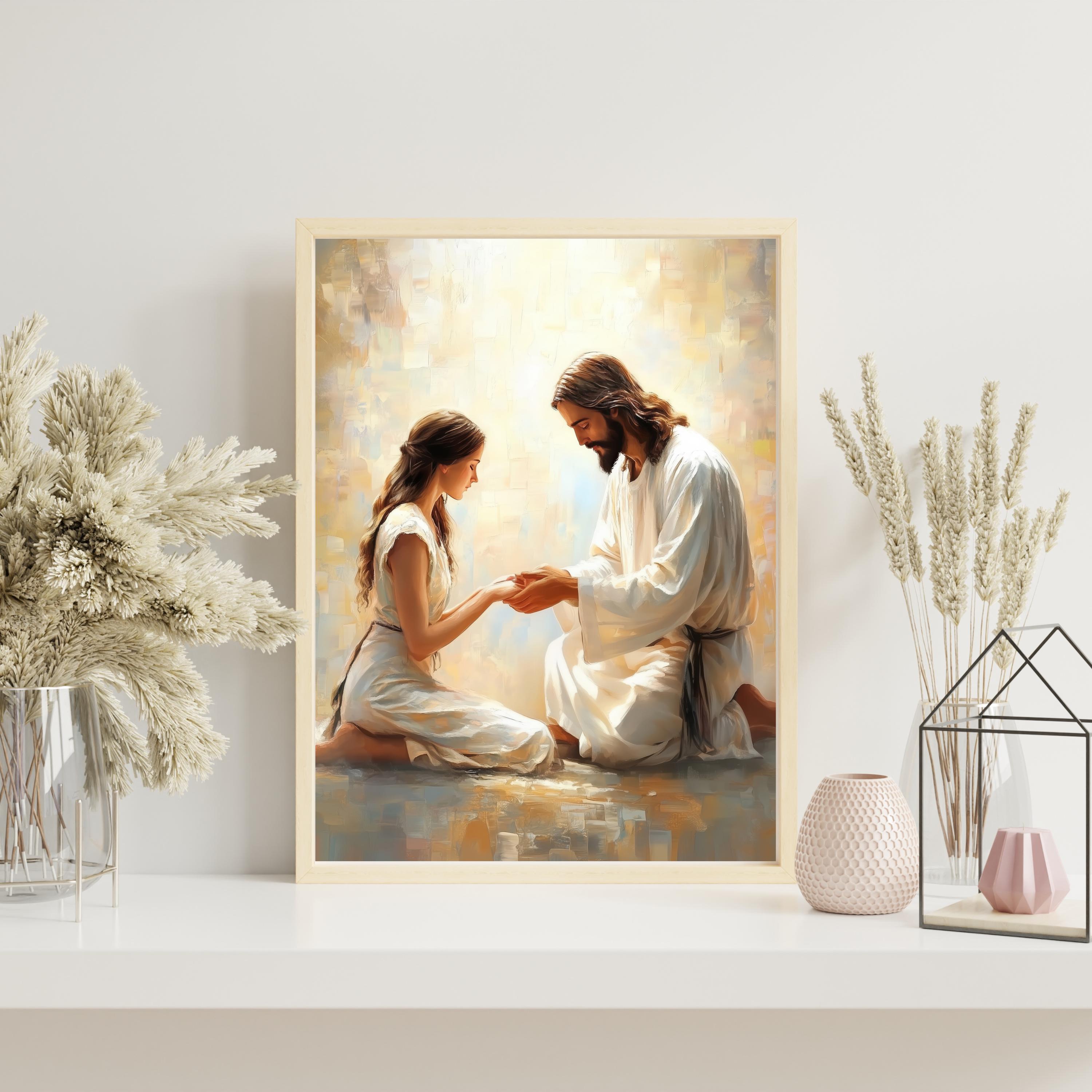 Jesus and Girl Art Print: Modern Christian Wall Decor (digital