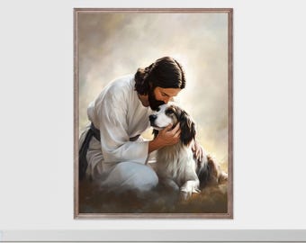 PERSONALIZADO - Lámina artística de Jesús y un perro: Memorial cristiano para la pérdida de una mascota (Descarga digital)