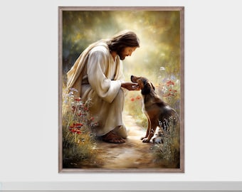 PERSONALIZADO - Lámina artística de Jesús con perro: Memorial cristiano para mascotas (Descarga digital)
