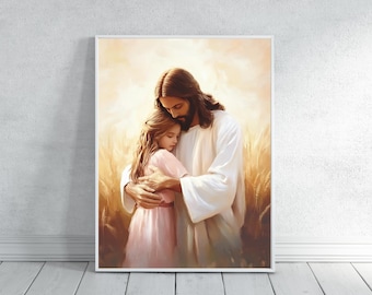 Lámina artística de Jesús y la niña: Decoración cristiana moderna para pared (descarga digital)
