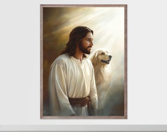 Lámina personalizada de Jesús y su perro: regalo cristiano para la pérdida de una mascota (descarga digital)