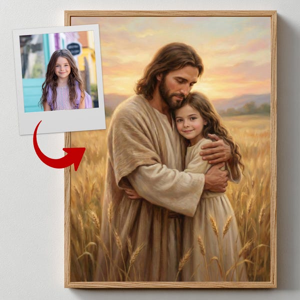 Ritratto personalizzato di Gesù con abbraccio di bambino, arte cristiana personalizzata (download digitale)