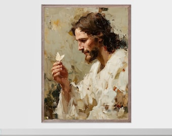 Impresión de Jesús sosteniendo una mariposa: Arte cristiano de impasto para la renovación (Descarga digital)