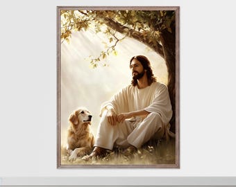 PERSONALIZADO - Arte Cristiano de Jesús y Perro: Decoración Espiritual para Mascotas (Descarga Digital)
