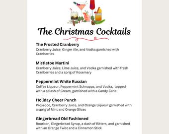 Könnte beinhalten: Eine Liste von Weihnachtscocktails mit festlichen Illustrationen. Die Cocktails umfassen The Frosted Cranberry, Mistletoe Martini, Peppermint White Russian, Holiday Cheer Punch und Gingerbread Old Fashioned.