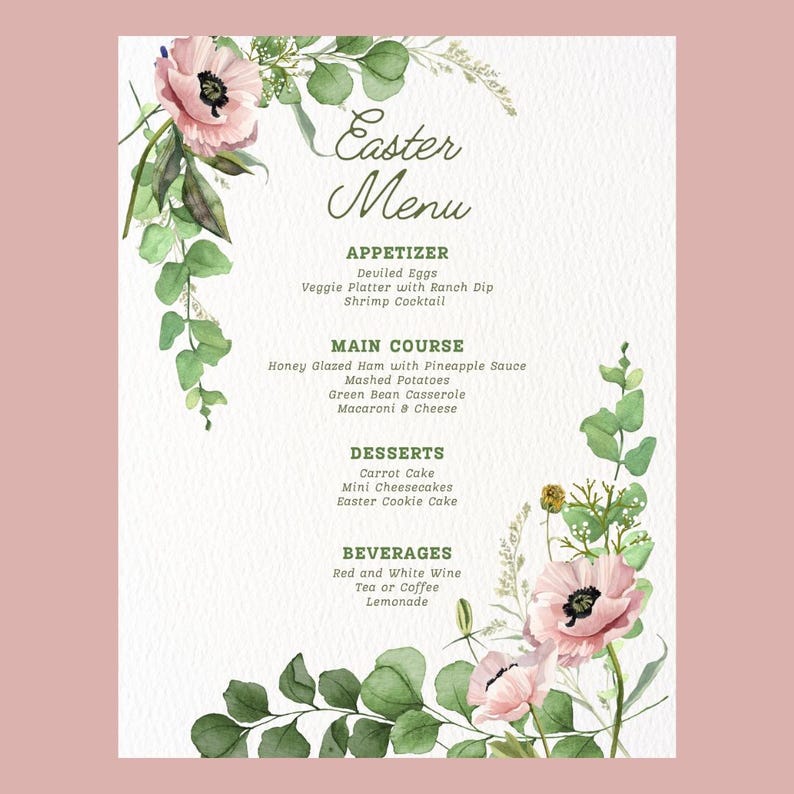 Elegant Easter Menu Template: Floral Design (digital Download) - Etsy