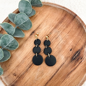 Clay Earrings | Stacked Circles in Black | Clip on option | Polymer Clay Earrings | Statement Earring