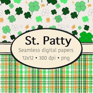 May include: Digital paper set with a St. Patty theme. The design includes green shamrocks, orange accents, and a green, white, and orange plaid pattern. The text "St. Patty" is displayed on an oval-shaped label.