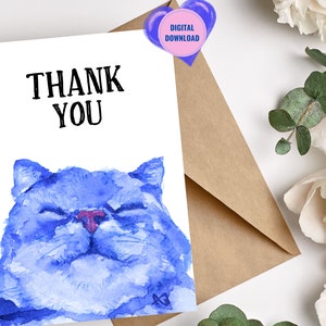 Danke Karte mit Katze englisch, Geschenk für Katzenliebhaber, Sofortdownload, kleiner Dank, Blue Cats, Postkarte + Klappkarte