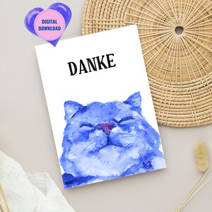 Thank you card with cat in German, gift for cat lovers, instant download, small thank you, Blue Cats, blue catz club, postcard + folding card