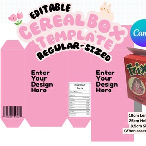 Editable Cereal Box, Cereal Box Template, Cereal Packaging Template, 19cm by 25cm sheet Instant Download, Printable
