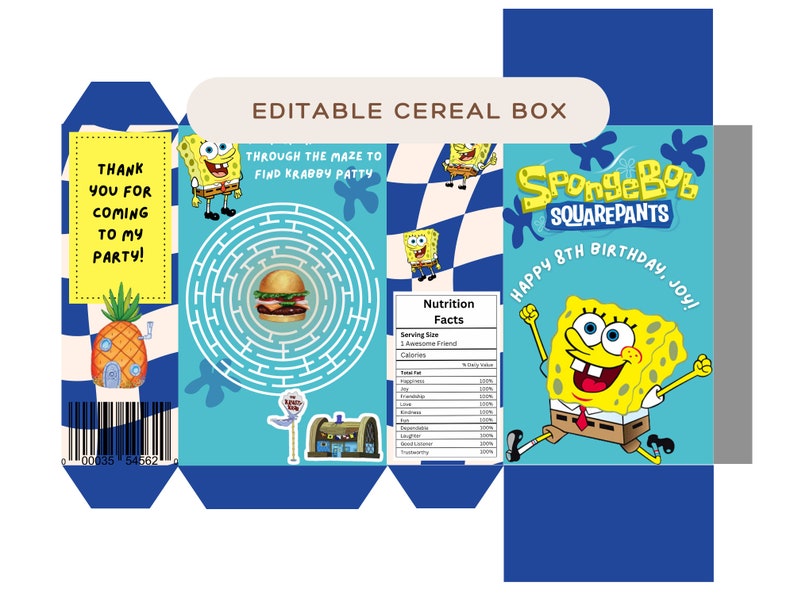 Editable Spongebob Cereal Box, Fun Cereal Box Template, Kids Birthday