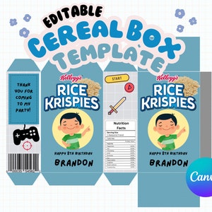 Editable Birthday Boy Rice Krispies Cereal Box, Cereal Box Template, Kids Birthday, Kids Parties, Cereal Box Custom, Kids Party Favors