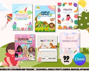 Toddler Activity Book Bundle: 6-in-1 Coloring & Tracing (Canva Editable, Digital Download)
