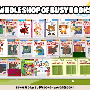 May include: A collection of 26 colourful busy books and 23 workbooks for children. The books feature a variety of subjects, including animals, numbers, letters, colours, shapes, and more. The books are arranged on a shelf with a green background and a blue sky with clouds. The text on the shelf reads "Bundles of 26 Busy Books + 23 Workbooks".