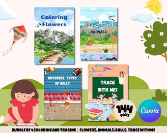 Toddler Activity Book Bundle: Animals, Flowers, Tracing (Canva Editable, Digital Download)