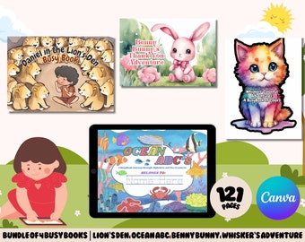 Toddler Activity Book Bundle: Lion, Ocean, Bunny, Cat (Canva Editable, Digital Download)