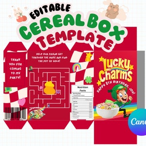 Editable Lucky Charms Cereal Box, Fun Cereal Box Template, Kids Birthday, Kids Parties, Theme Party, Cereal Box Custom, Kids Party Favors