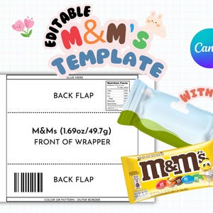 Könnte beinhalten: Editierbare M&M's Süßigkeitenverpackungsvorlage mit weißem Hintergrund und schwarzen Linien. Die Vorlage enthält eine Rücklasche, die Vorderseite der Verpackung und einen Platz für einen farbigen oder gemusterten Außenrand. Der Text "M&Ms (1.69oz/49.7g)" ist auf der Vorderseite der Verpackung aufgedruckt. Der Text "Rücklasche" ist auf beiden Rücklaschen aufgedruckt. Der Text "Hier kleben" ist über der oberen Rücklasche aufgedruckt.
