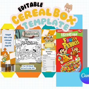 Peut inclure: Modèle de boîte de céréales imprimable et modifiable mettant en scène les personnages de dessins animés des Flintstones. Le modèle comprend un message de remerciement, une page à colorier et une étiquette de valeur nutritionnelle. La boîte est conçue pour ressembler à une boîte de céréales Fruity Pebbles.