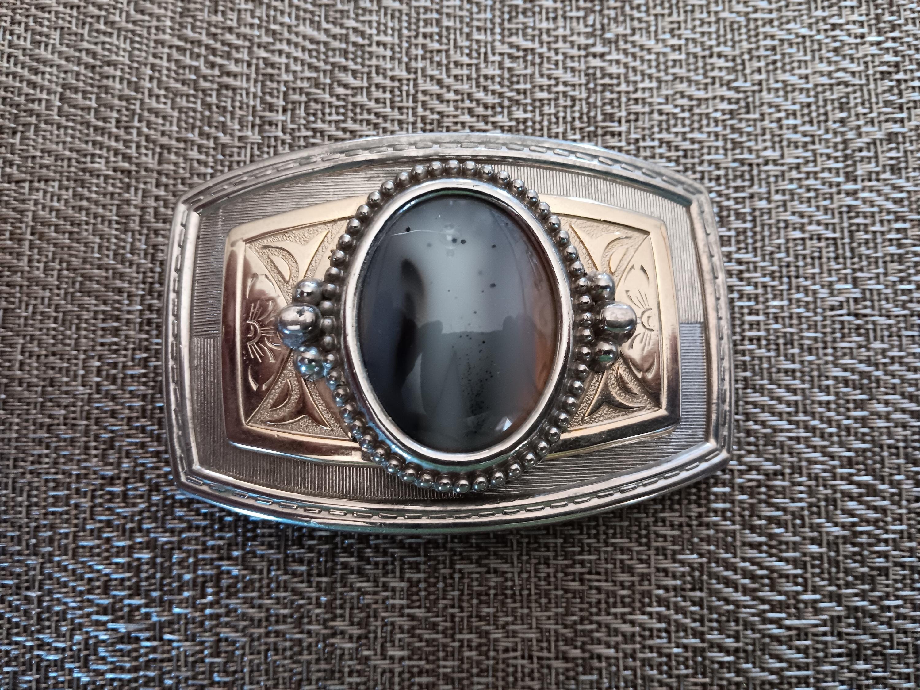 Vintage Handcrafted Spectacular Multi Dimensional Polished Stone Belt Buckle Rhinestone Crystal Oval Belt Buckle Antique Brass Full Grain  main image 3