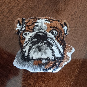 May include: Embroidered patch of a bulldog's face. The bulldog has brown, white, and black fur. The patch is made of fabric and has a white background.