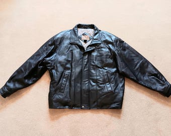 Vintage Cherokee Men's Black Leather Jacket Size L Bomber Jacket