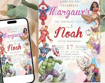 Little  Princess Super Heroes birthday couples Invitation Girl Editable Template Custom Instant Download Digital or Printed