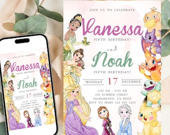 Princess and Pokemone birthday couples Invitation Girl and Boy Editable Template Custom Instant Download Digital or Printed