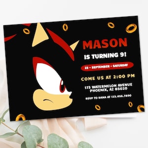 Invitation numérique d'anniversaire Sonic Shadow, invitation électronique à une fête d'enfants, tonnerre, cartes d'invitation d'anniversaire Super hérisson pour garçons