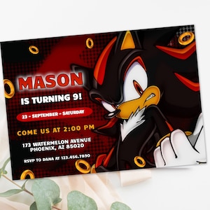 Invitation numérique d'anniversaire Sonic Shadow, invitation électronique à une fête d'enfants, tonnerre, cartes d'invitation d'anniversaire Super hérisson pour garçons