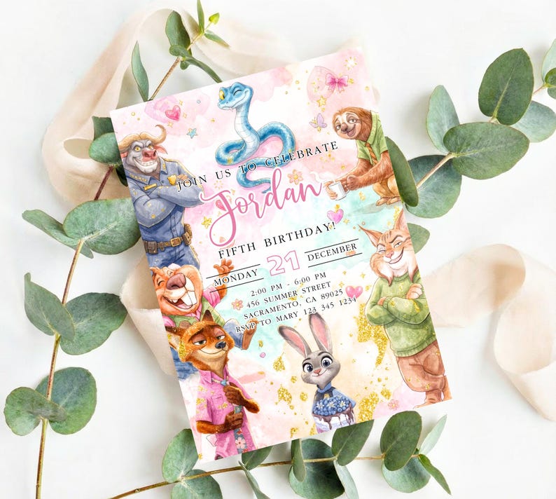 Zootopia 2 Girl Birthday Invitation Template | Judy Hopps and Nick Wilde Invite Editable Canva Template | Animal Party Digital Download image 3